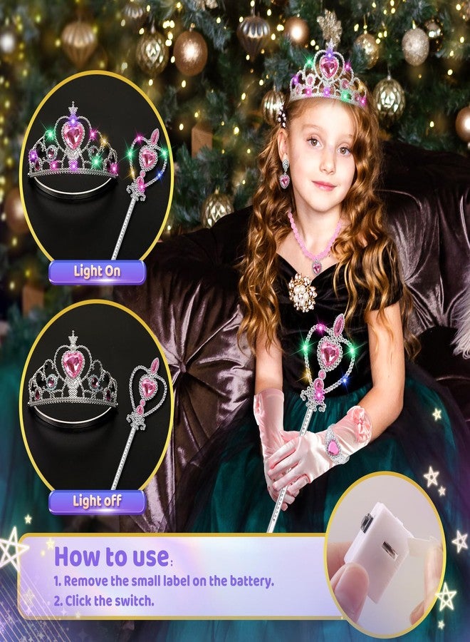 STOPKLAS Princess Dress Up Accessories, Light Up Wand Crown 7Pcs Princess Dress Up Set with Gloves Tiara Necklace Earrings Bracelet and Ring Gift Set for 3-6 Toddler Kids Girls Cosplay Party, Pink - Image 2